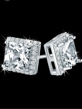 New 9mm Fancy Princess Cut Micro Pave set Cz Diamond Halo Stud Earrings Silver